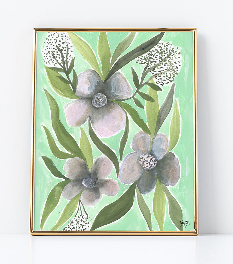 Green & Gray Floral Watercolor Art Print - Thimblepress