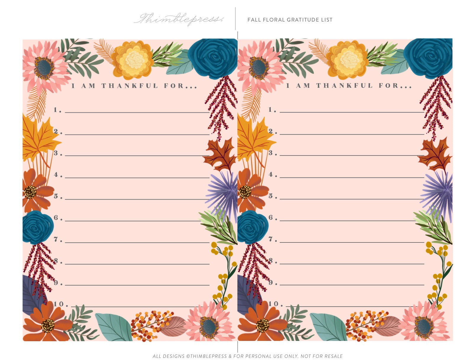 Fall Floral Gratitude List Printable Thimblepress