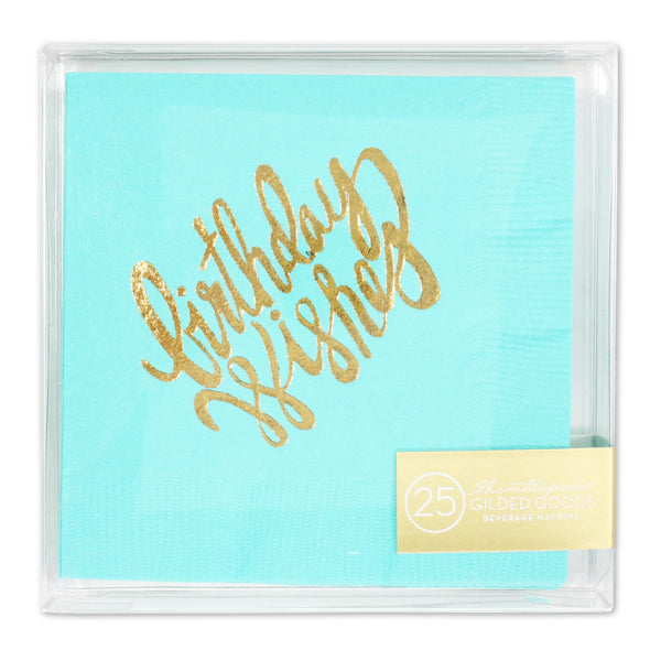 birthday wishes gold foil napkins (teal or pink) - Thimblepress