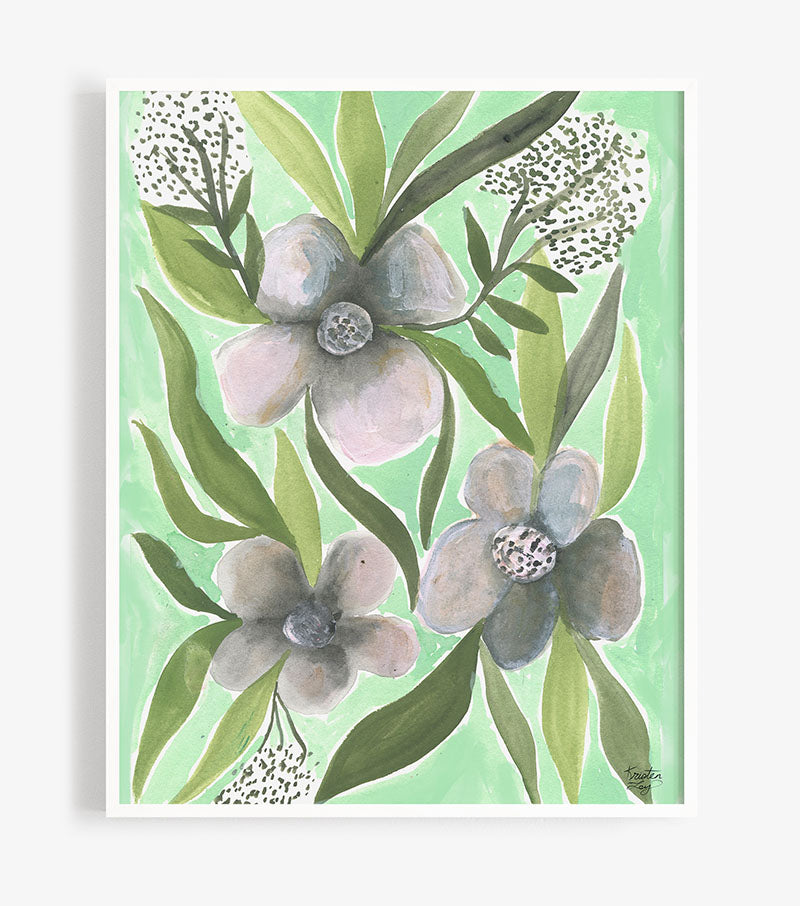 Green & Gray Floral Watercolor Art Print - Thimblepress