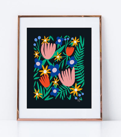 Folk Flowers Navy Art Print - Thimblepress