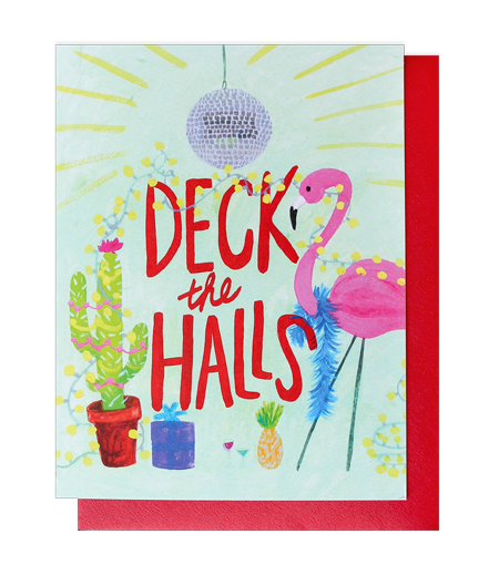 deck the halls flamingo card - Thimblepress