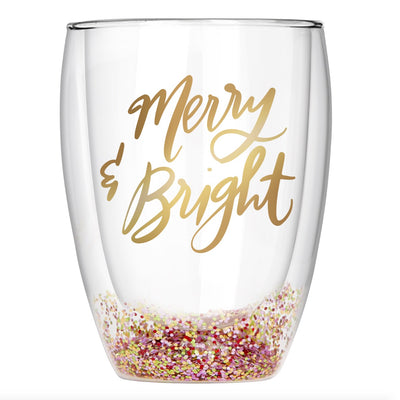 Merry & Bright Glitter Double Wall Stemless Wine Glass - Thimblepress