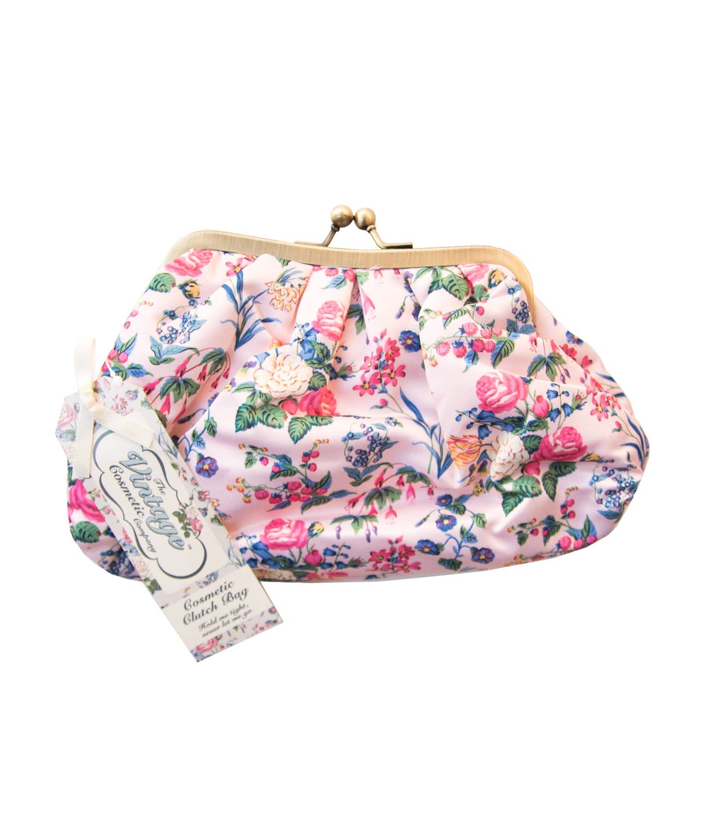 Cosmetic Clutch Bag Pink Floral Satin - Thimblepress